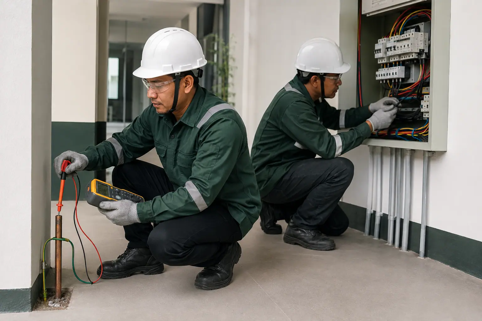Teknisi melakukan pemeriksaan grounding dan panel listrik