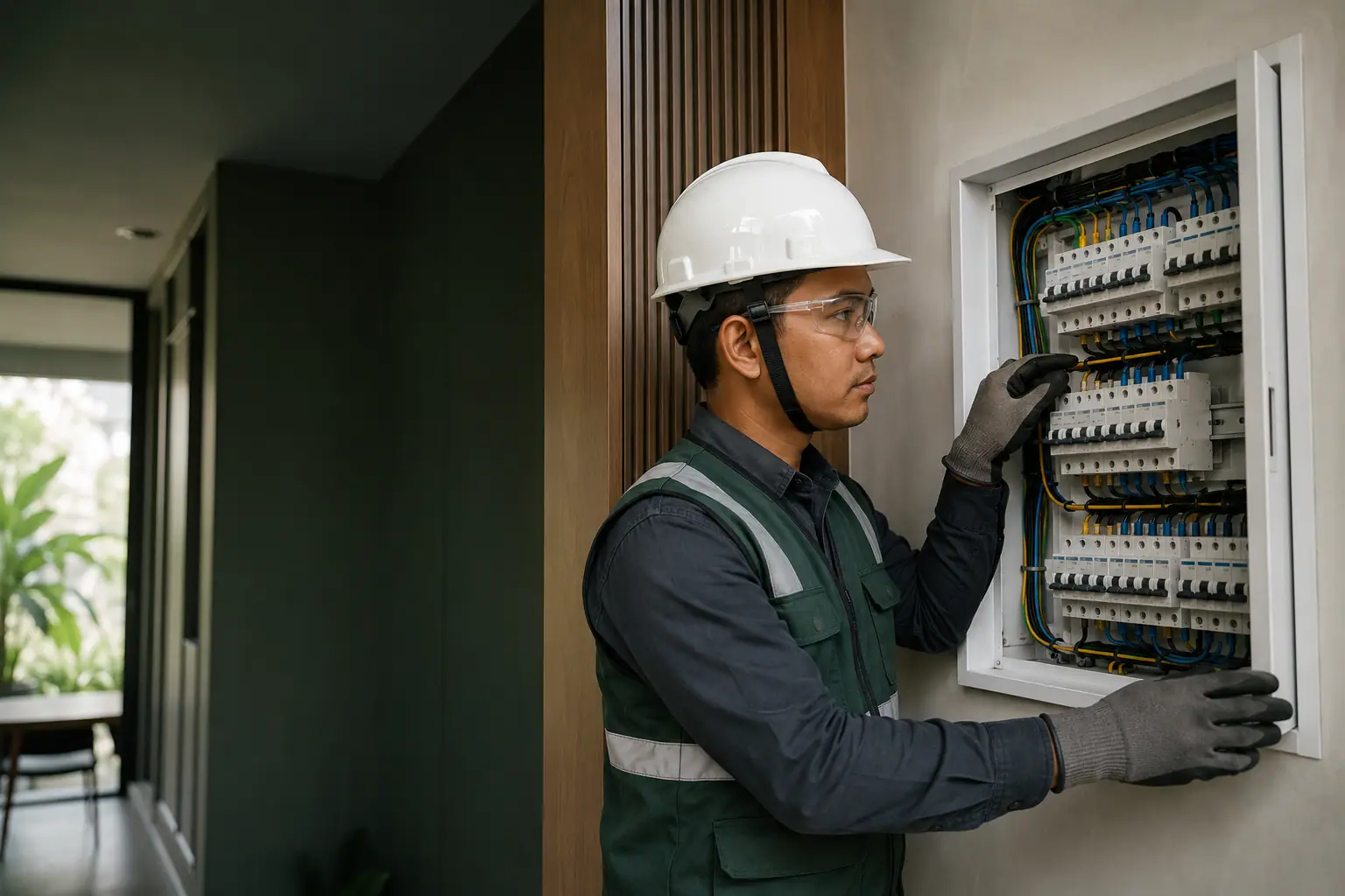 Teknisi Padjajaran Elektrik memeriksa panel MCB yang tertata
